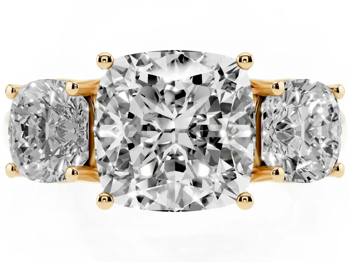 Three-Stone Cushion Cut Diamond Engagement Ring with Prong Setting Yellow gold