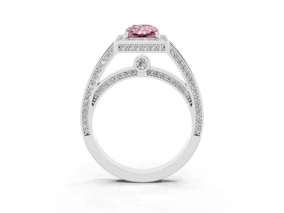 Fancy Pink Radiant Cut Cut Halo Pave Split Shank Prong Setting Ring Silver