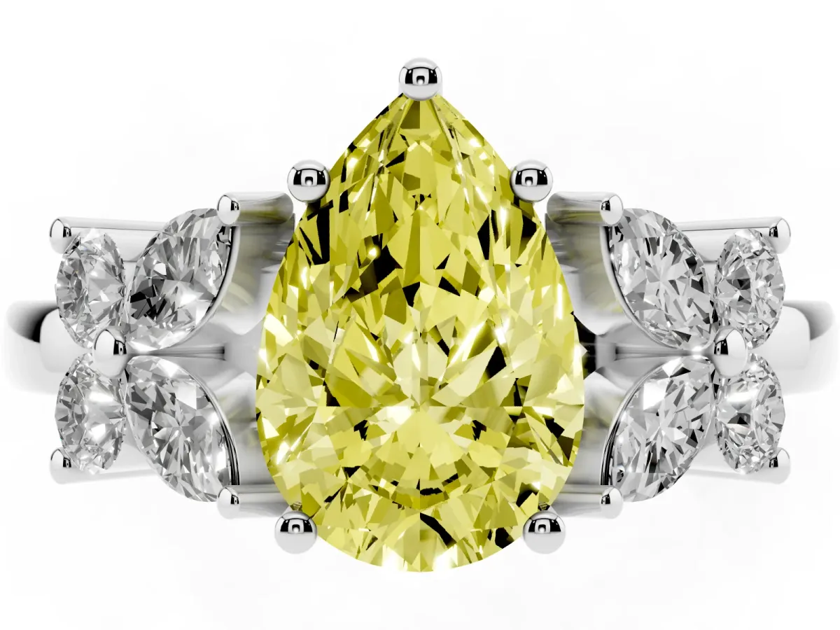 Fancy Yellow Pear Cut Diamond Floral Cluster Ring with Solitaire Band and Prong Setting White gold
