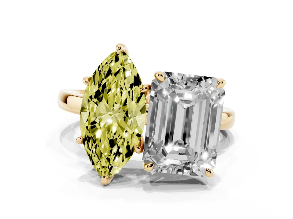 Fancy Yellow Marquise Cut and Emerald Cut Toi Moi Ring with Prong Setting Yellow gold
