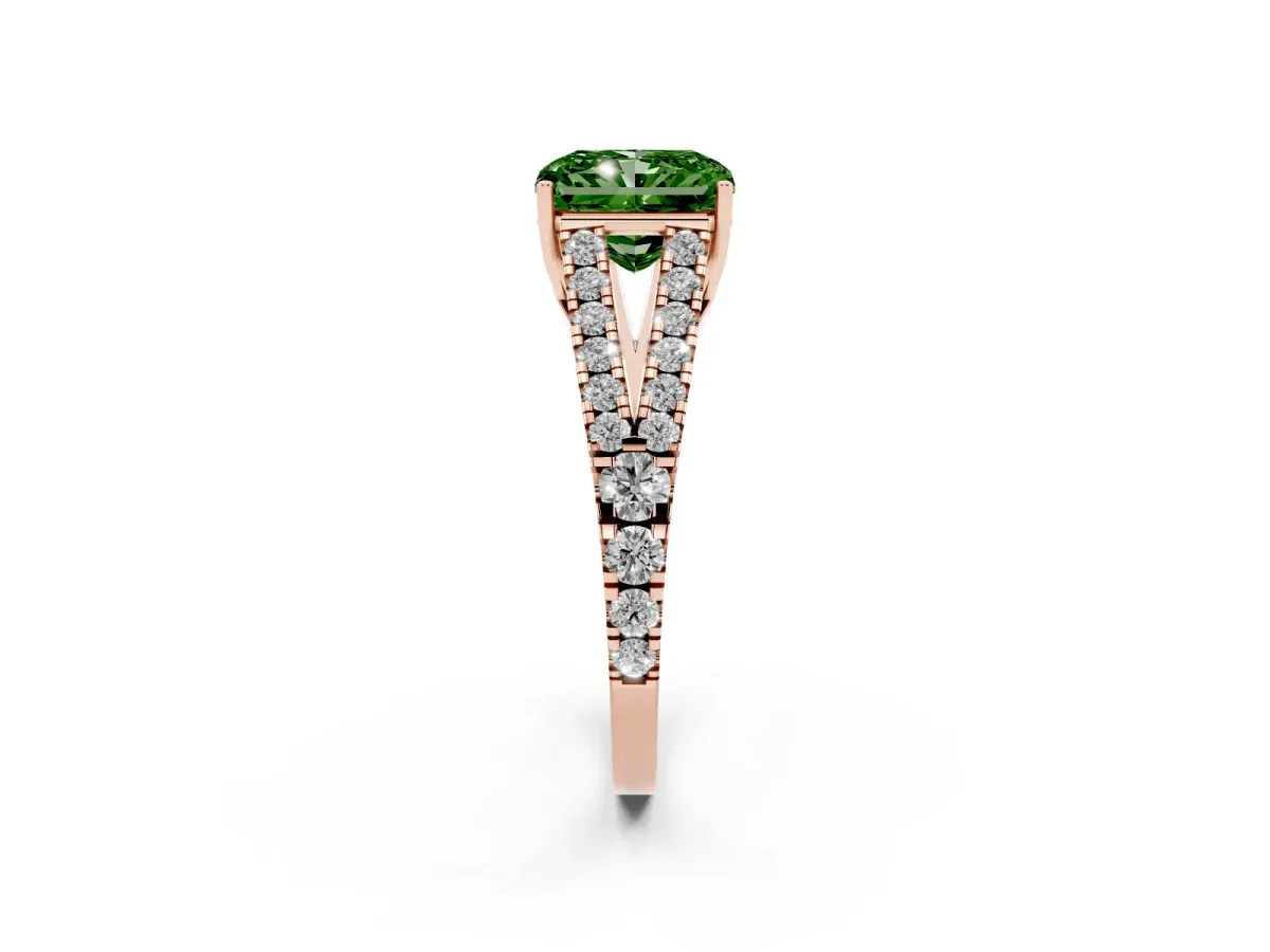 Fancy Green Radiant Cut Diamond Split Shank Pavé Engagement Ring with Four-Prong Setting Rose gold