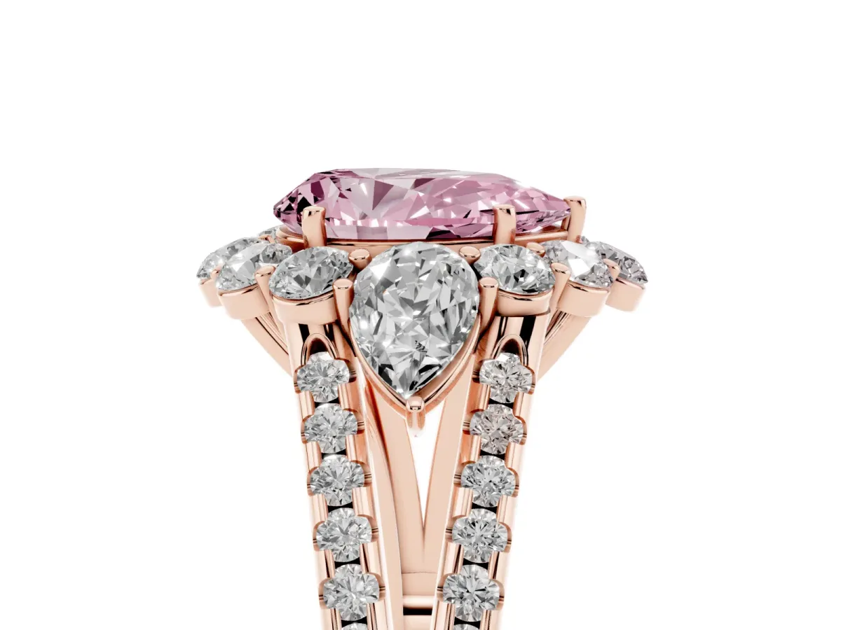 Fancy Pink Pear Cut Halo Split Shank Diamond Engagement Ring with Prong Setting Rose gold