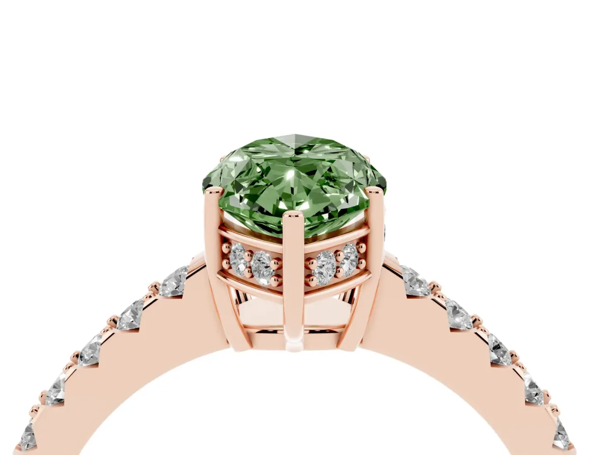 Fancy Green Marquise Cut Solitaire Diamond Engagement Ring with Pavé Band and Six-Prong Setting Rose gold