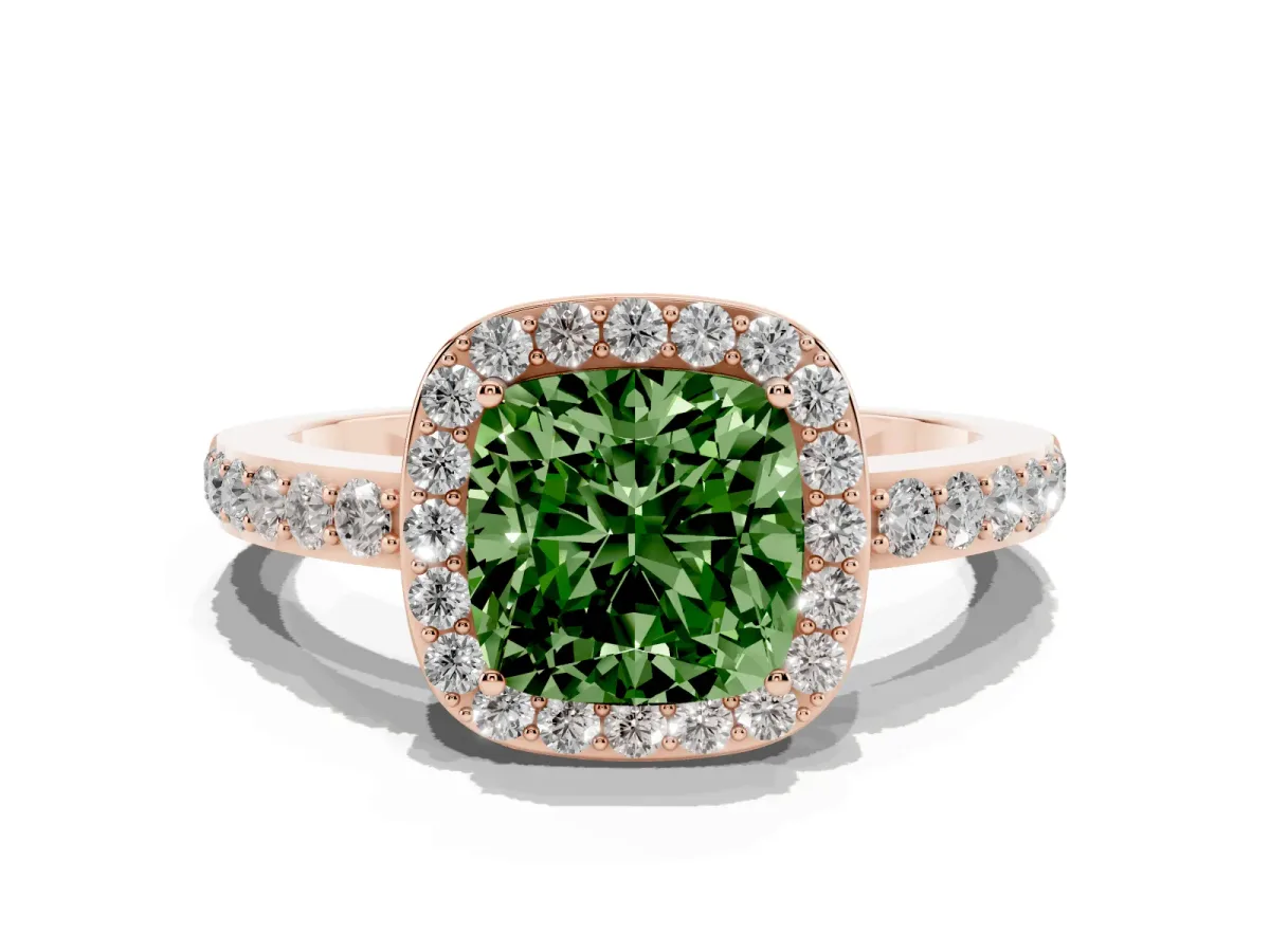 Fancy Green Cushion Cut Halo Diamond Pavé Band Ring with Prong Setting Rose gold