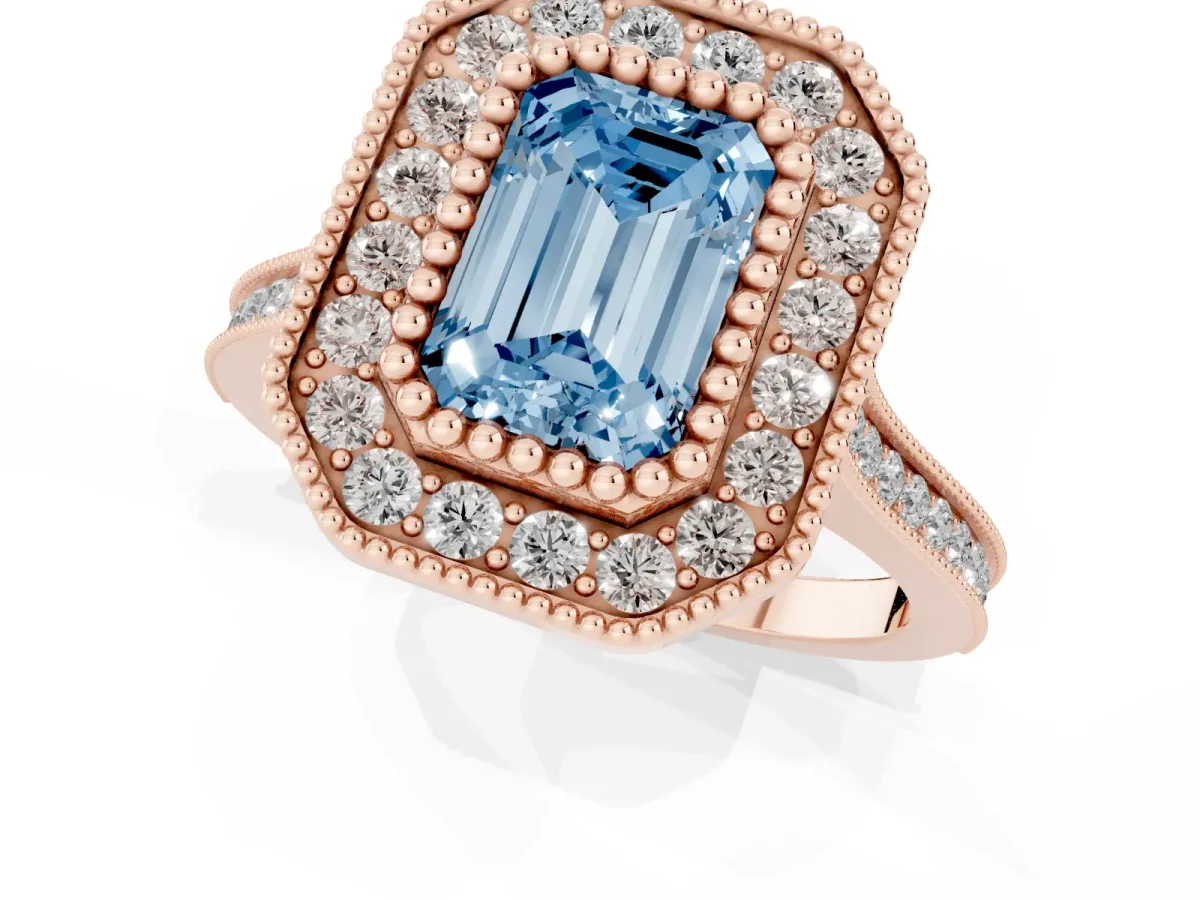 Fancy Blue Emerald Cut Diamond Halo Ring with Milgrain Frame and Pavé Band Rose gold