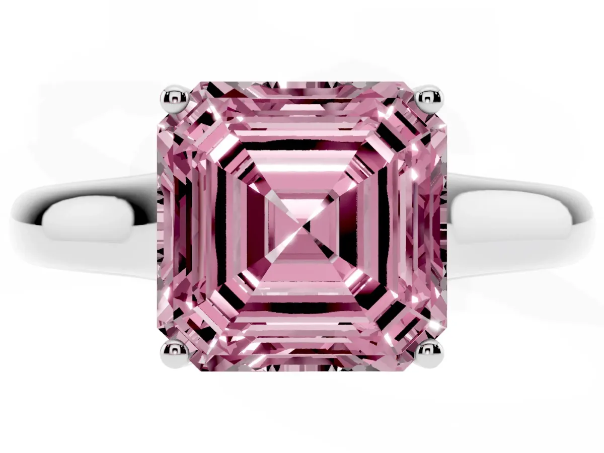 Fancy Pink Asscher Cut Solitaire Engagement Ring with Tapered Band and Four-Prong Setting Platinum