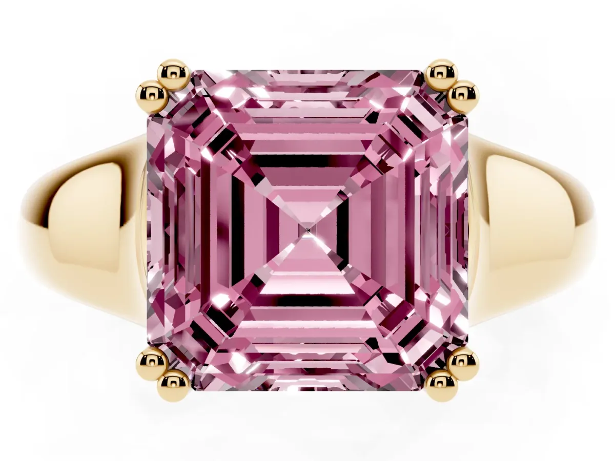 Fancy Pink Asscher Cut Diamond Solitaire Ring with Wide Band and Prong Setting Yellow gold