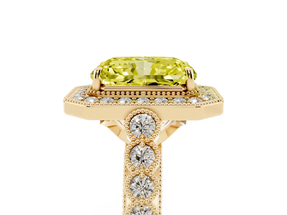 Fancy Yellow Radiant Cut Halo Milgrain Solitaire with Bezel Set Side Stones and Pave Band Yellow gold