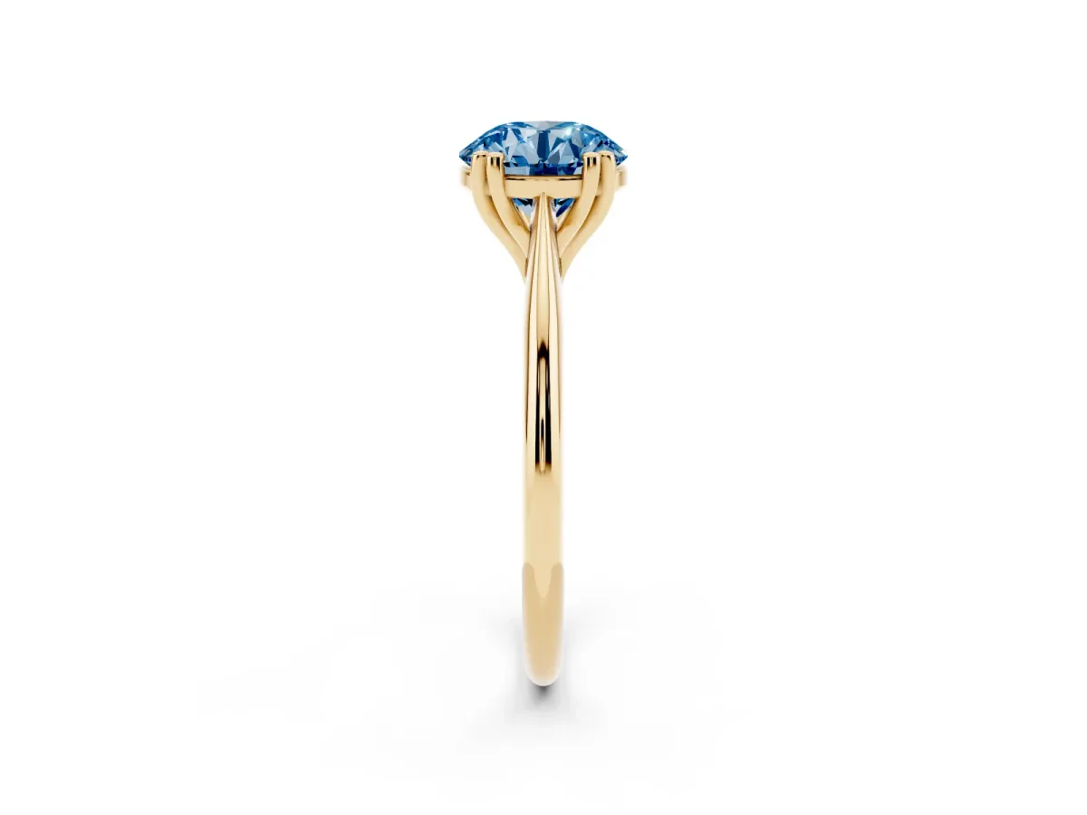 Fancy Blue Round Cut Solitaire Diamond Ring with Six-Prong Setting and Classic Band Yellow gold