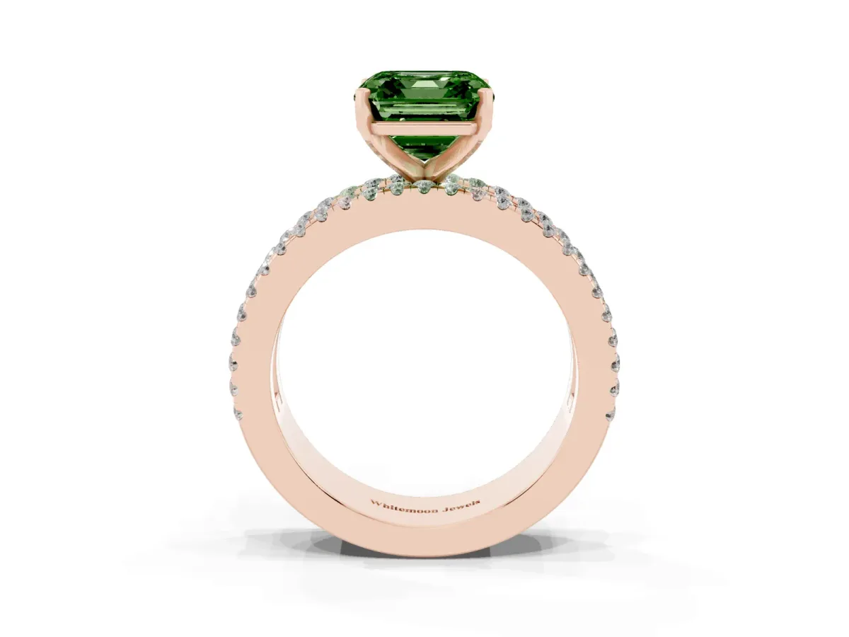 Fancy Green Asscher Cut Diamond Solitaire Ring with Pavé and Channel Set Band Rose gold