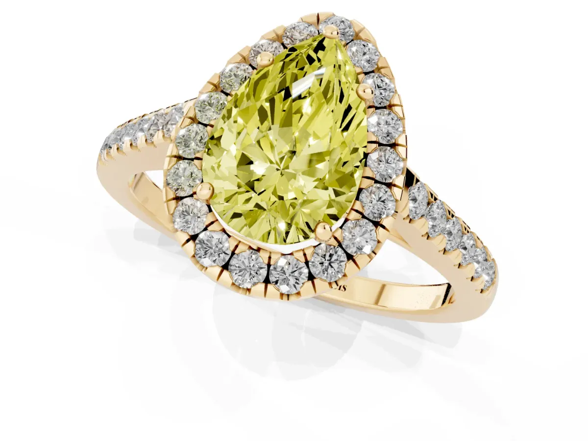 Fancy Yellow Pear Cut Halo Pave Diamond Engagement Ring with Four-Prong Setting Yellow gold