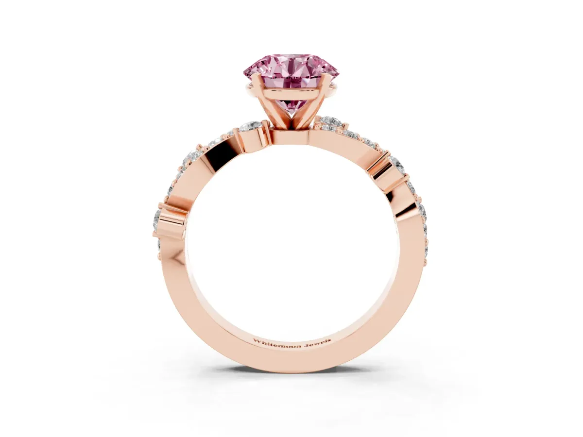 Fancy Pink Round Cut Cut Solitaire Diamond Twisted Band with Pave Setting Rose gold