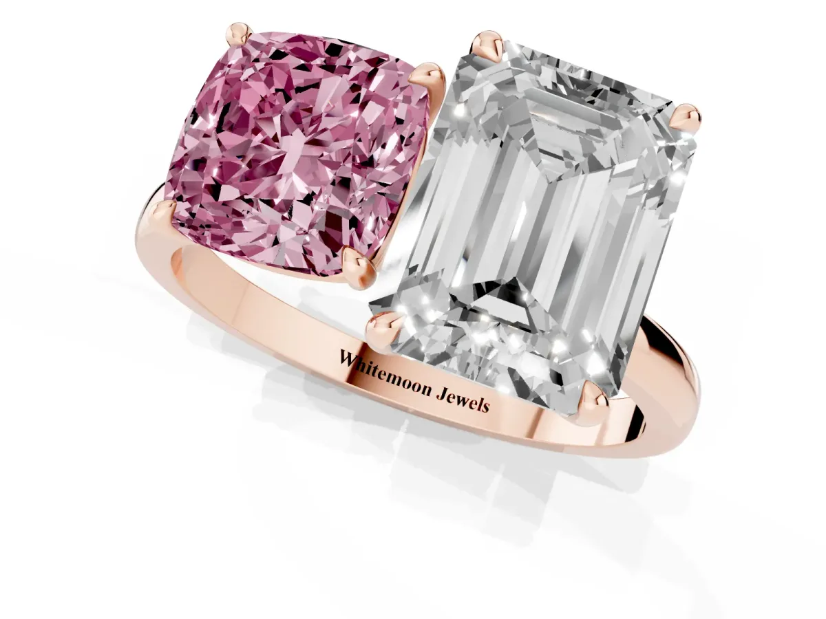 Fancy Pink Cushion Cut and Emerald Cut Toi Moi Ring with Prong Setting Rose gold