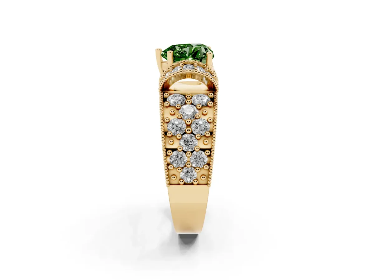 Fancy Green Heart Cut Halo Pave Diamond Engagement Ring with Milgrain Detailing Yellow gold