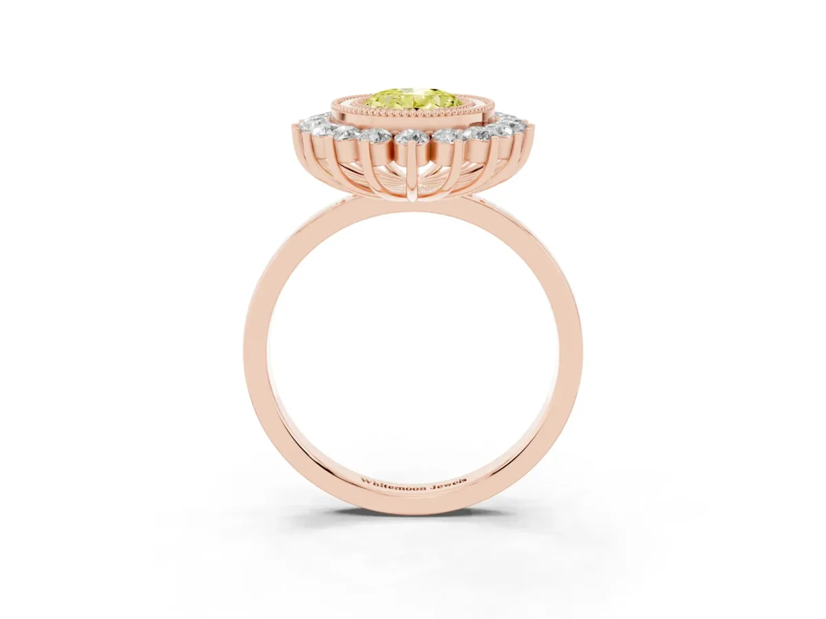 Fancy Yellow Oval Cut Halo Diamond Ring with Milgrain Edge and Round Prong Setting Rose gold