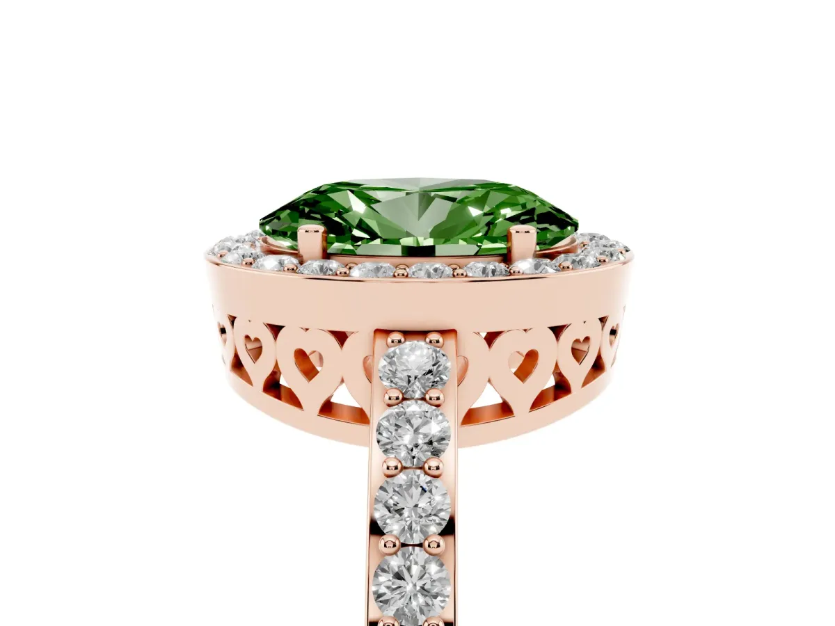 Fancy Green Oval Cut Halo Diamond Pavé Band Ring with Prong Setting Rose gold