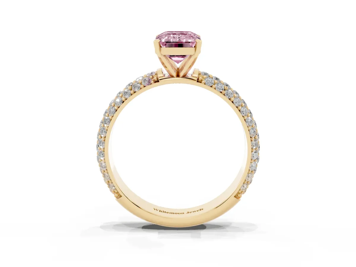 Fancy Pink Emerald Cut Diamond Solitaire Ring with Prong Setting and Pavé Band Yellow gold