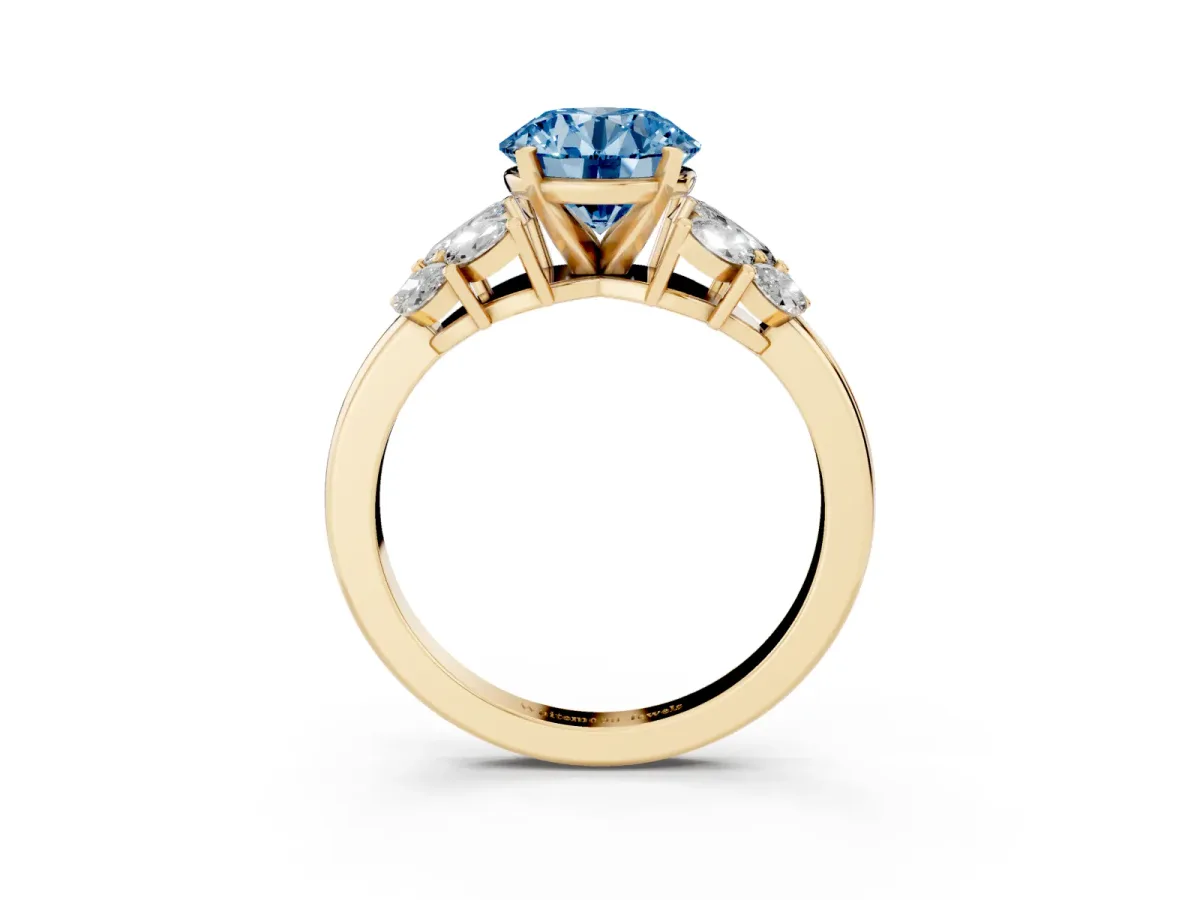 Fancy Blue Round Cut Diamond Cluster Leaf Design Ring with Prong Setting Yellow gold