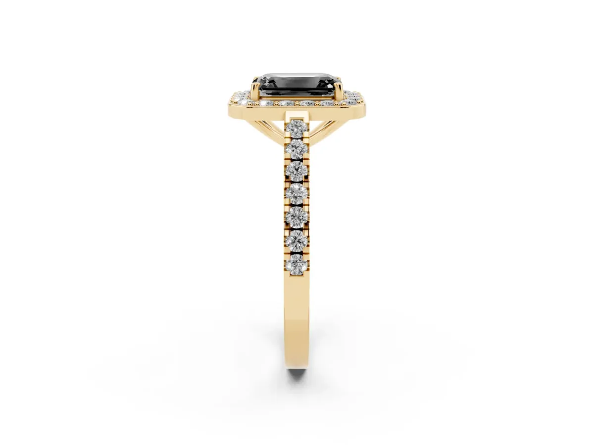Fancy Black Emerald Cut Diamond Halo Ring with Round Pavé Split Shank and Prong Setting Yellow gold