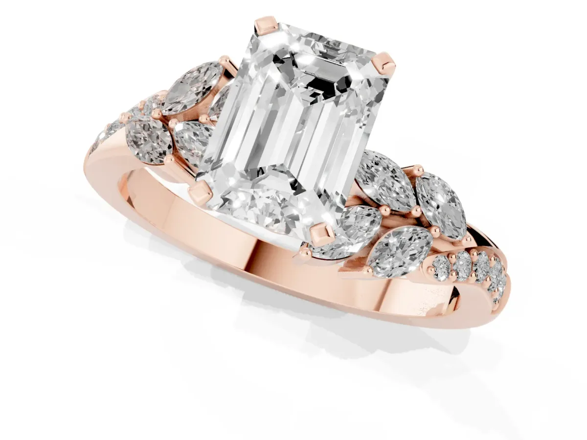 Emerald Cut Solitaire Marquise Twist Band with Six-Prong Setting Rose gold