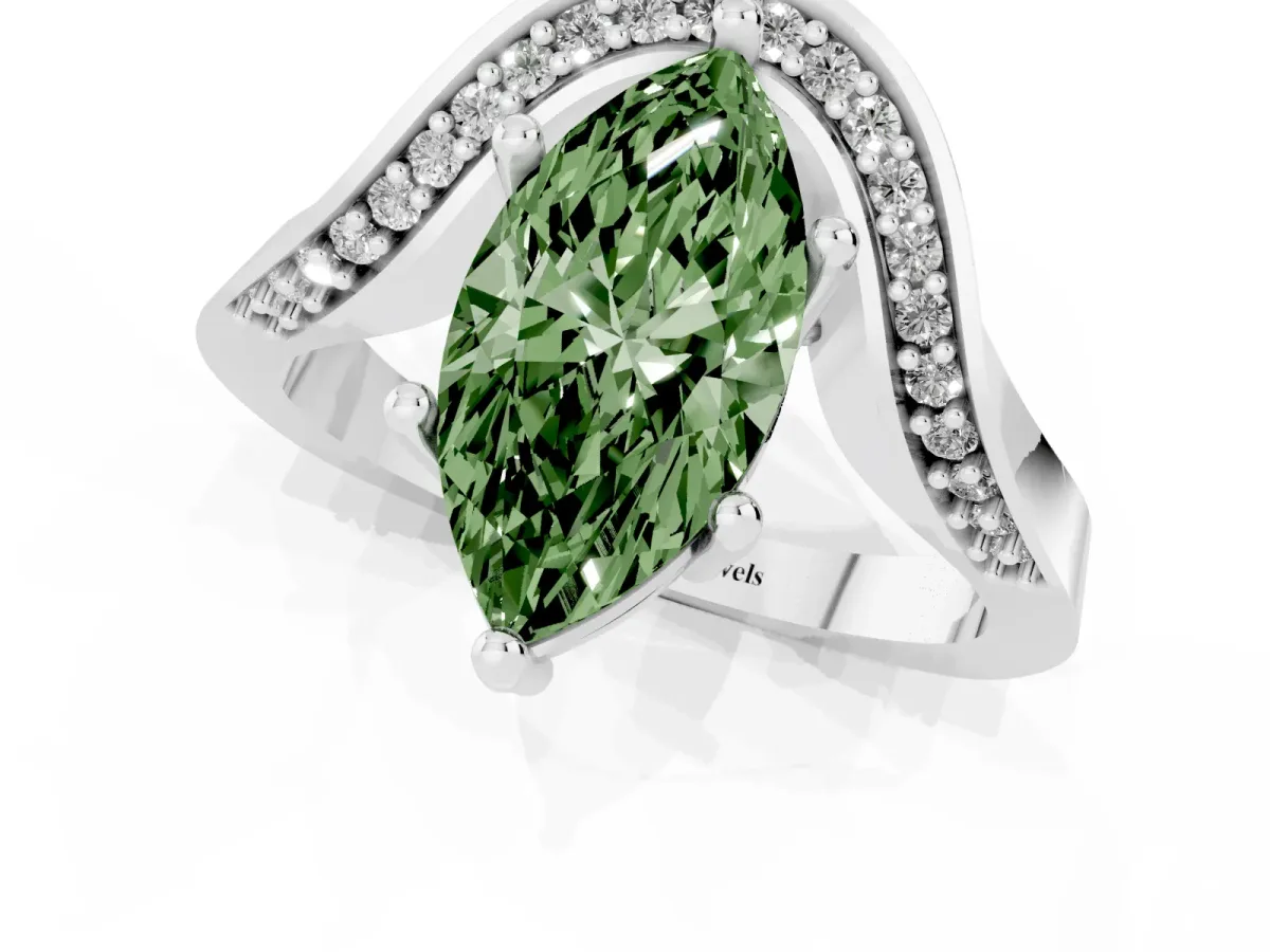 Fancy Green Marquise Cut Solitaire Diamond Engagement Ring with Pave Band and Four-Prong Setting White gold