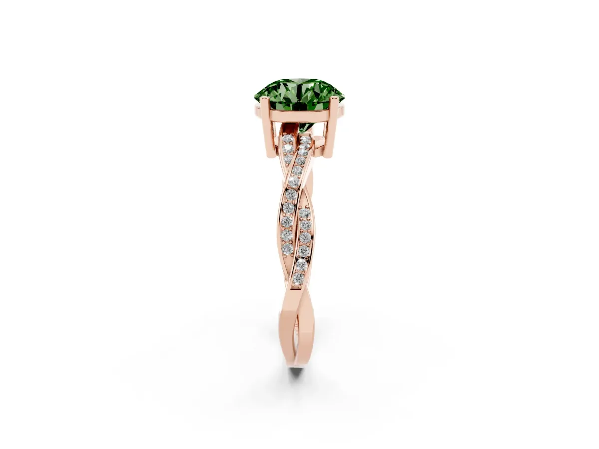 Fancy Green Round Cut Solitaire Twisted Pave Diamond Ring with Four-Prong Setting Rose gold