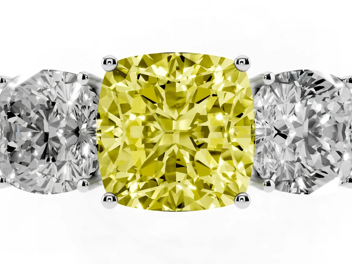 Fancy Yellow Cushion Cut Diamond Three-Stone Ring with Prong Setting and Textured Band Silver