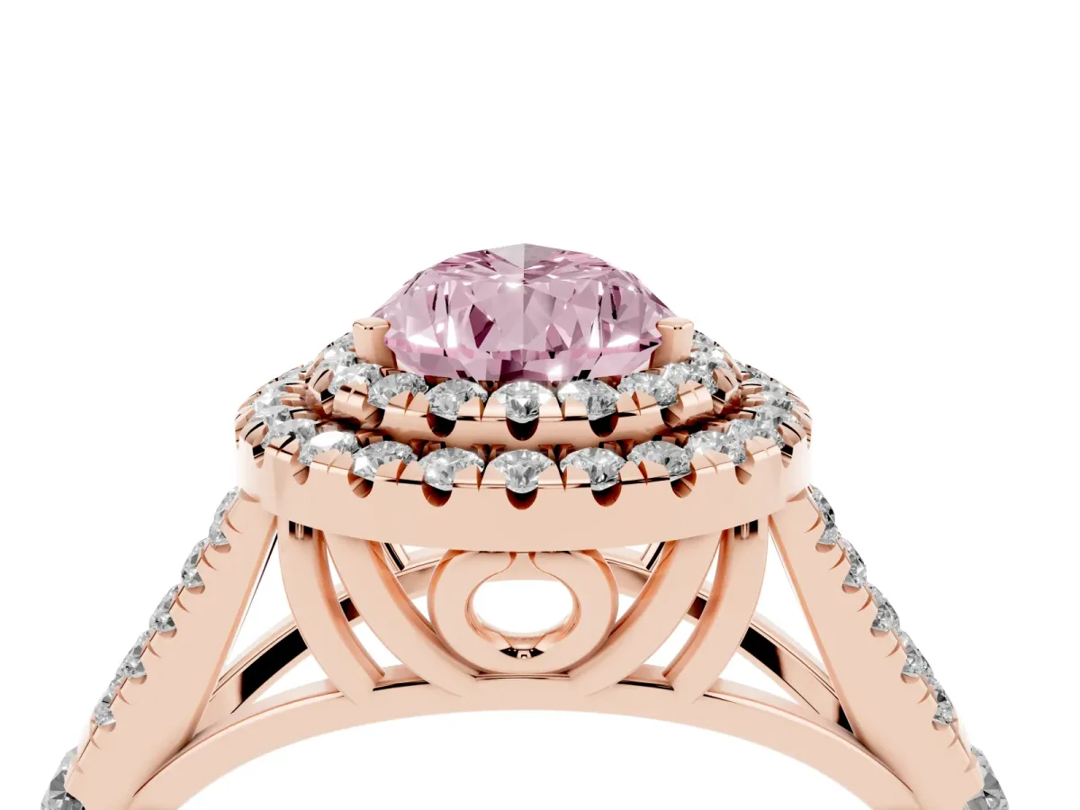 Fancy Pink Pear Cut Cut Double Halo Split Shank Diamond Ring with Prong Setting Rose gold