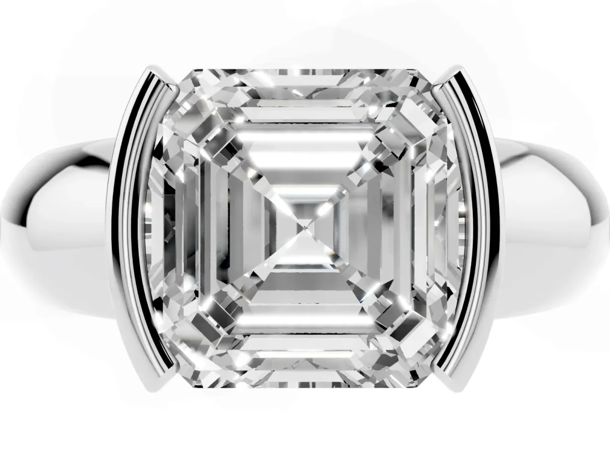 Asscher Cut Solitaire Tension Set Diamond Ring with Wide Band Platinum