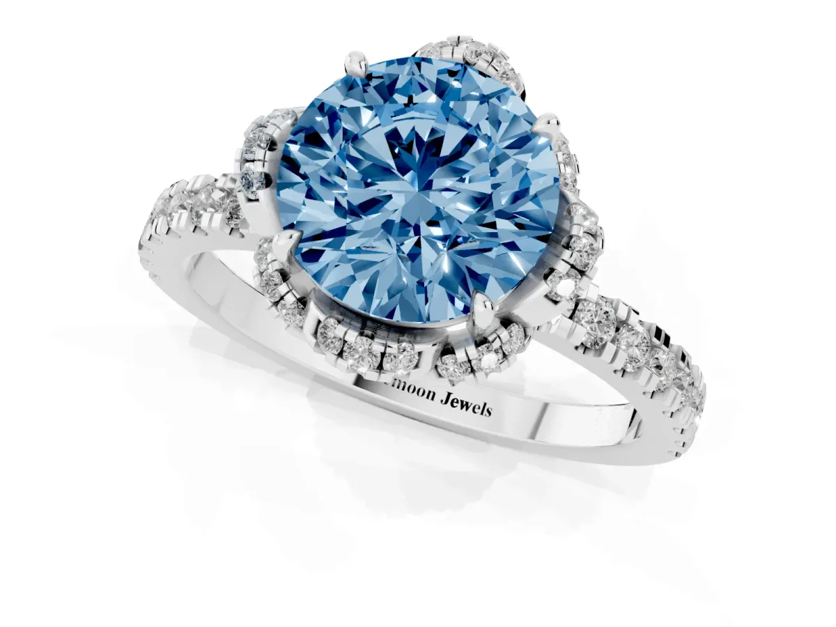 Fancy Blue Round Cut Diamond Halo Pave Band with Four-Prong Setting White gold