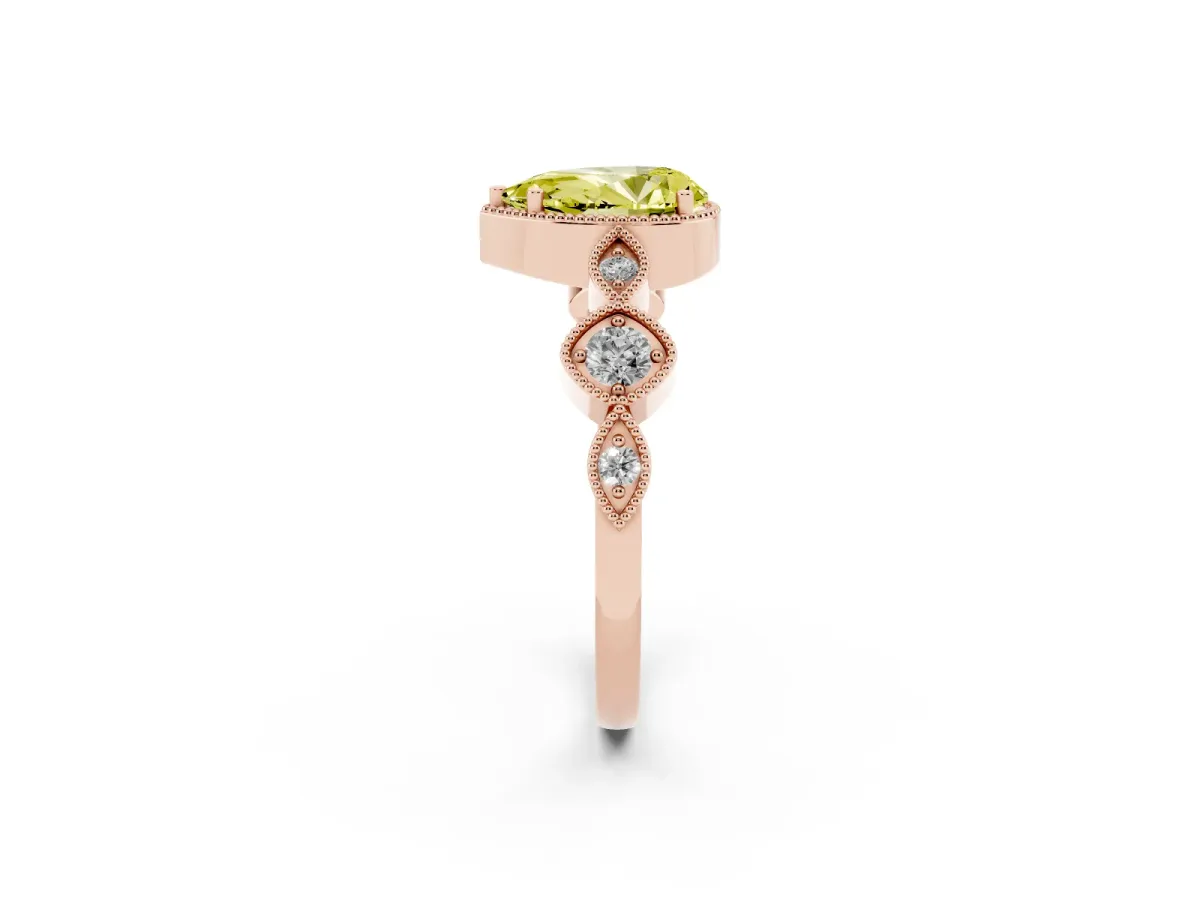 Fancy Yellow Pear Cut Diamond Vintage Milgrain Ring with Round Stations Rose gold