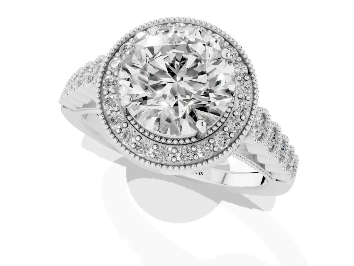 Round Cut Halo Milgrain Solitaire with Bezel Set Side Stones and Pave Band White gold