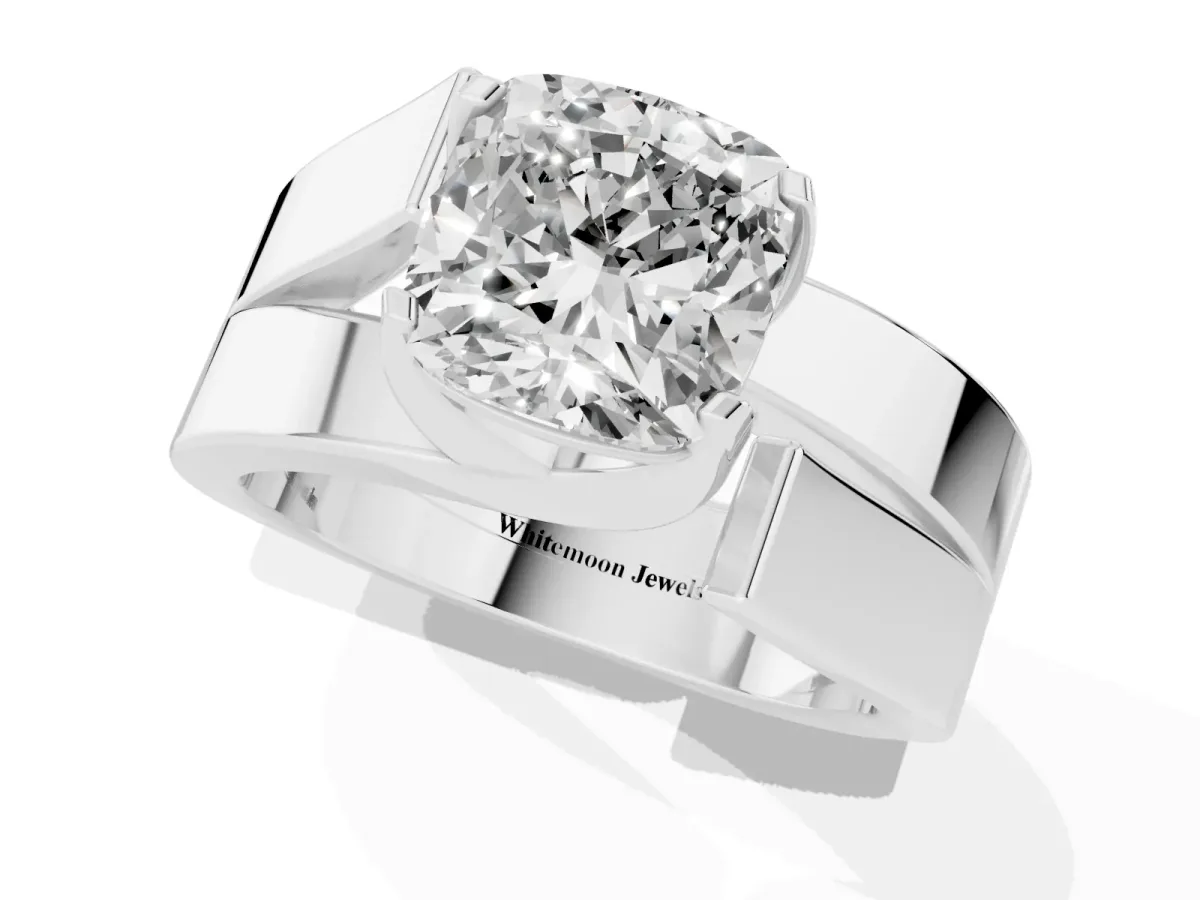 Modern Tension Set Cushion Cut Diamond Solitaire Wide Band Ring Silver