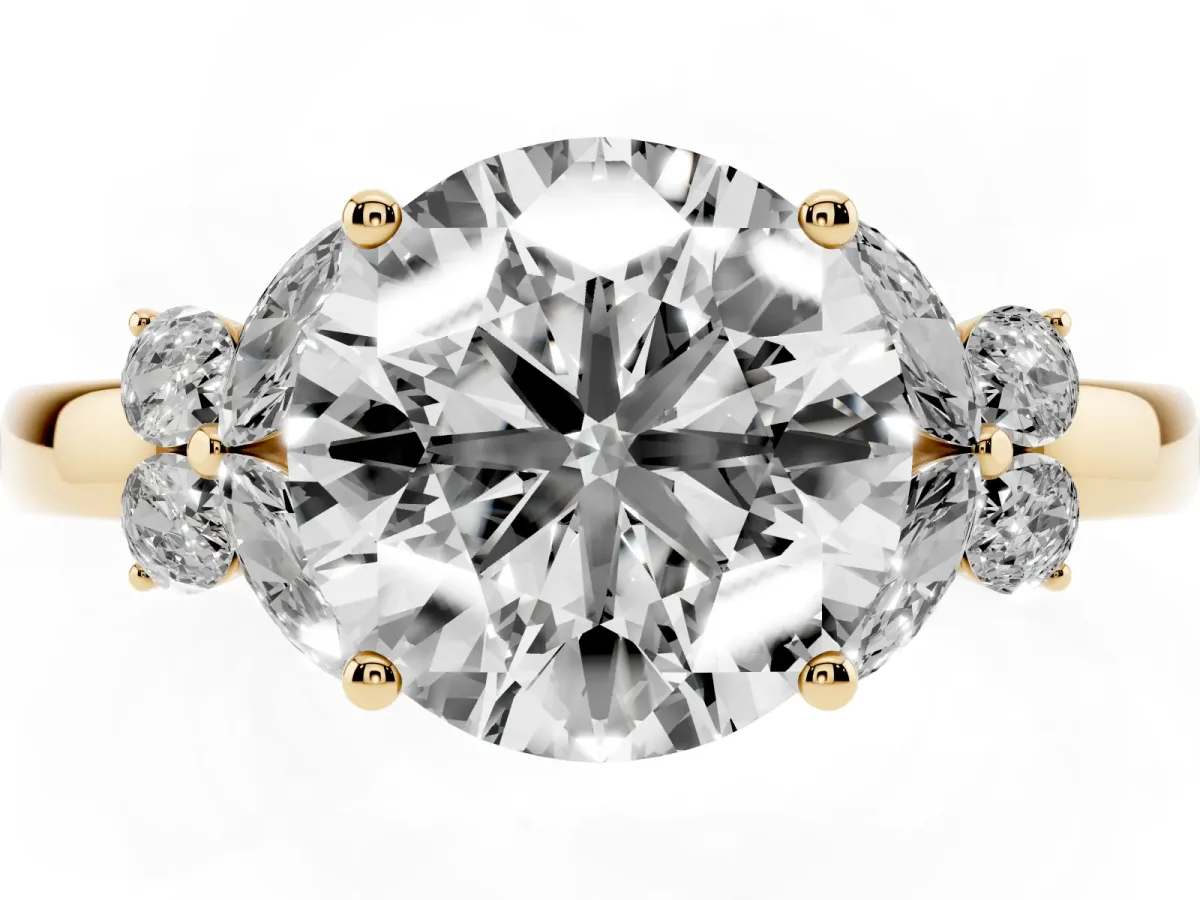 Round Cut Cut Solitaire Floral Diamond Ring with Four-Prong Setting Yellow gold