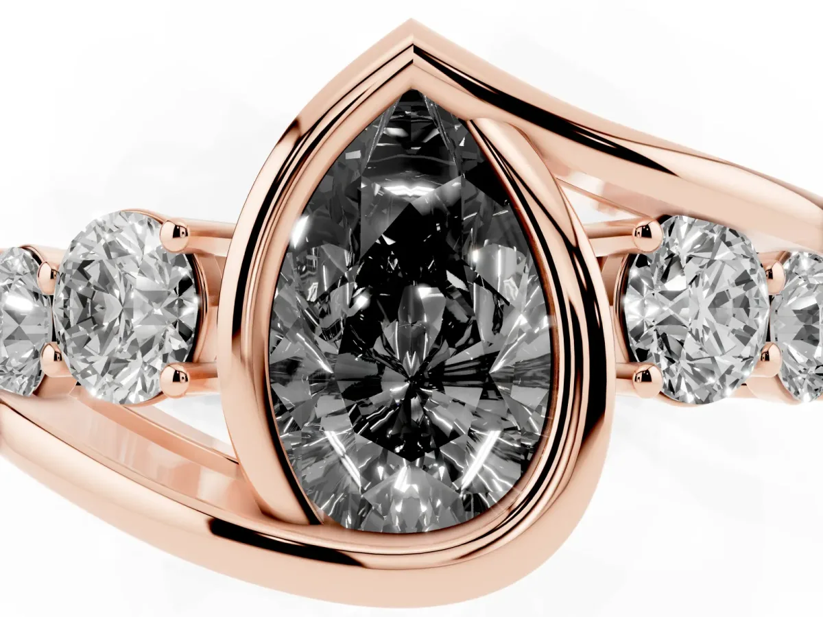 Fancy Black Bezel Set Pear Cut Diamond Bypass Ring with Round Accents Rose gold