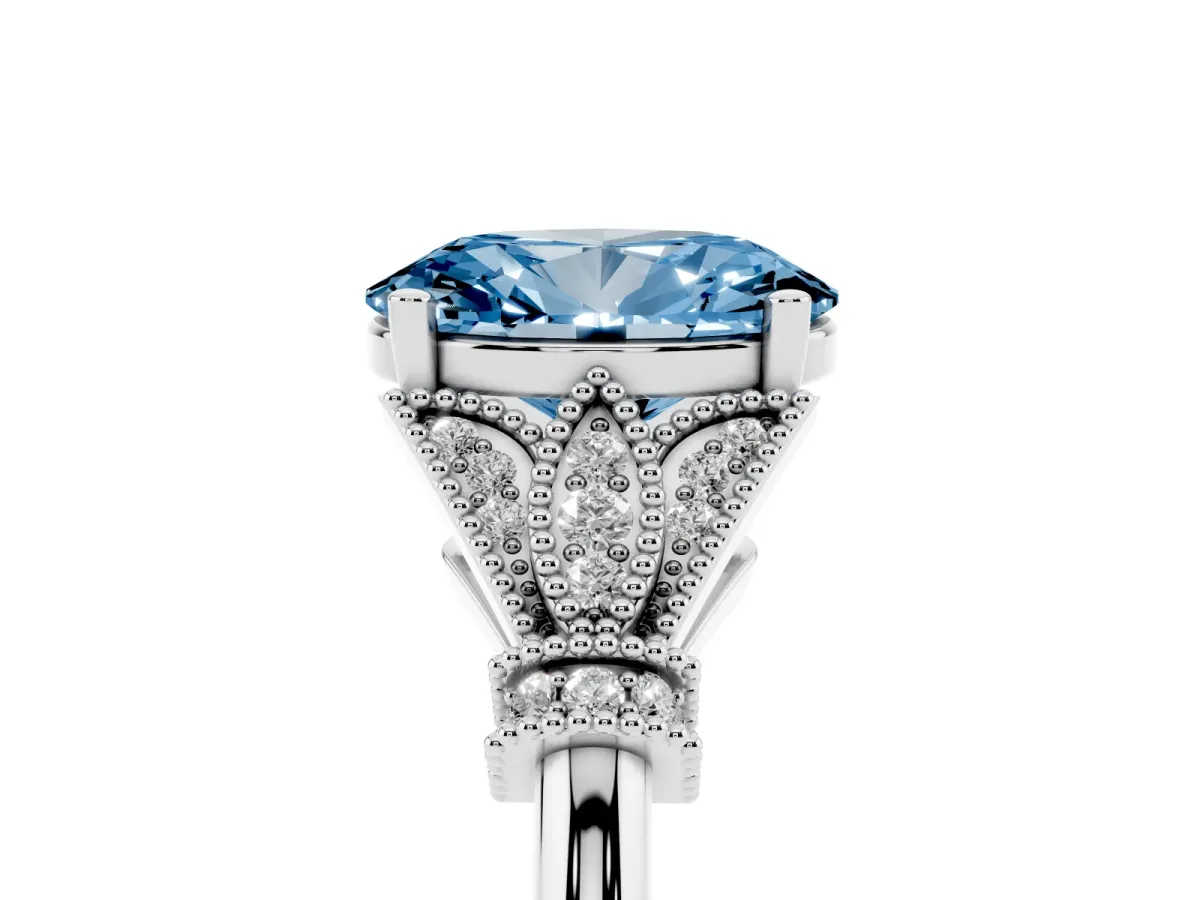 Fancy Blue Oval Cut Diamond Solitaire Ring with Floral Filigree and Pave Accents Silver