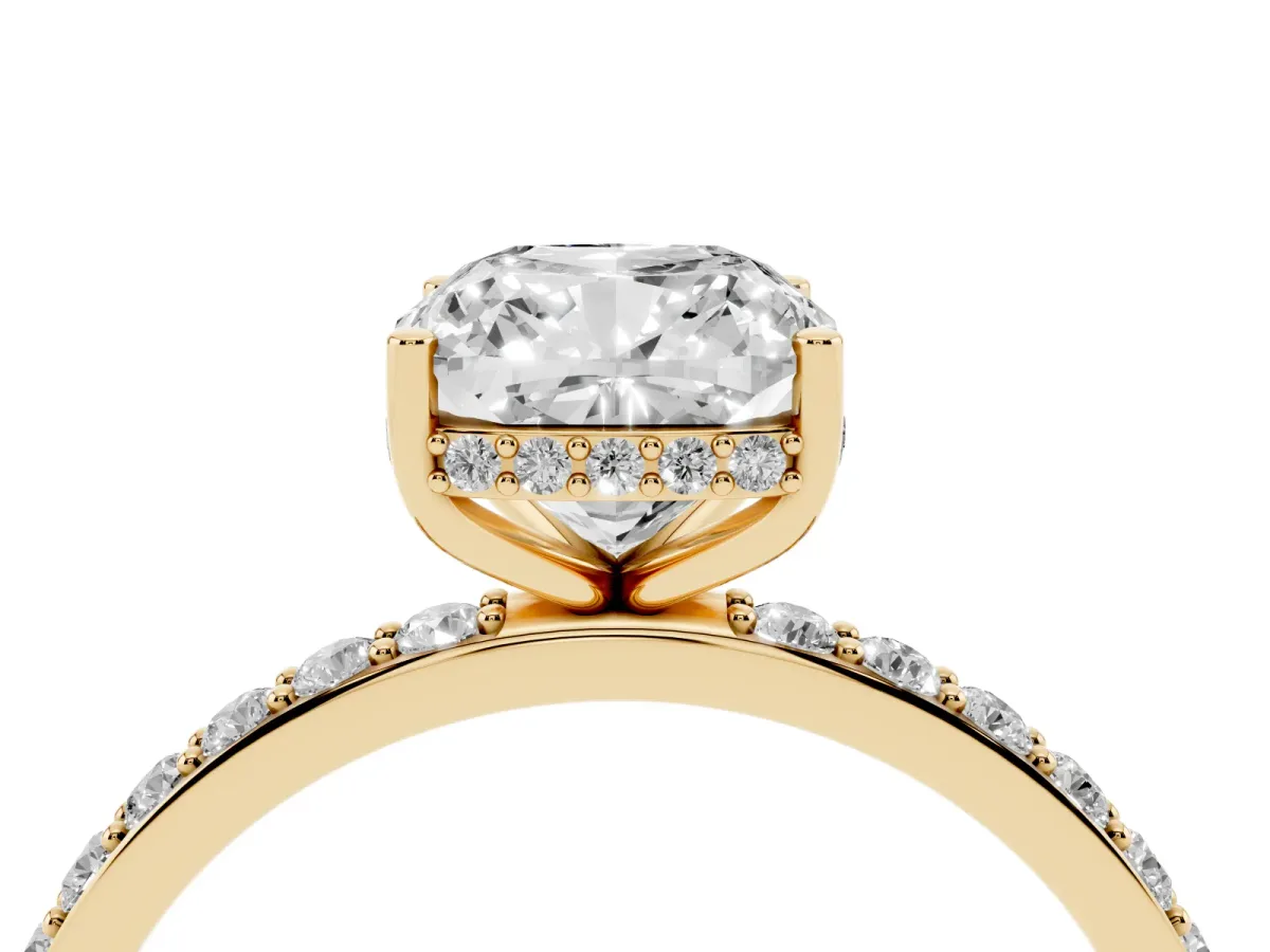 Cushion Cut Diamond Solitaire Ring with Pavé Band and Hidden Halo Yellow gold