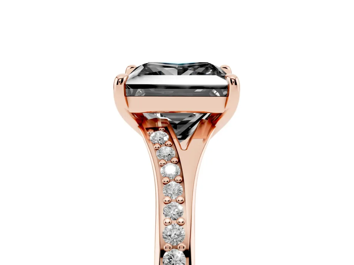 Fancy Black Princess Cut Diamond Solitaire Ring with Pavé Band and Prong Setting Rose gold