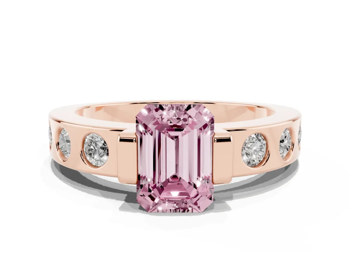 Fancy Pink Emerald Cut Brilliant Channel-Set Diamond Ring with Bezel Prong Setting Rose gold