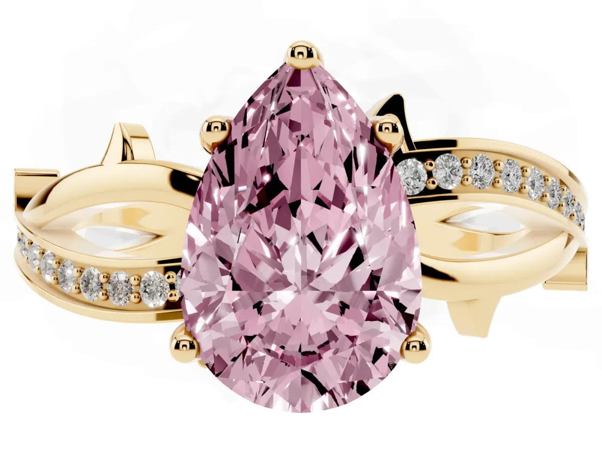 Fancy Pink Pear Cut Solitaire Twist Band with Pavé Accents and Four-Prong Setting Yellow gold