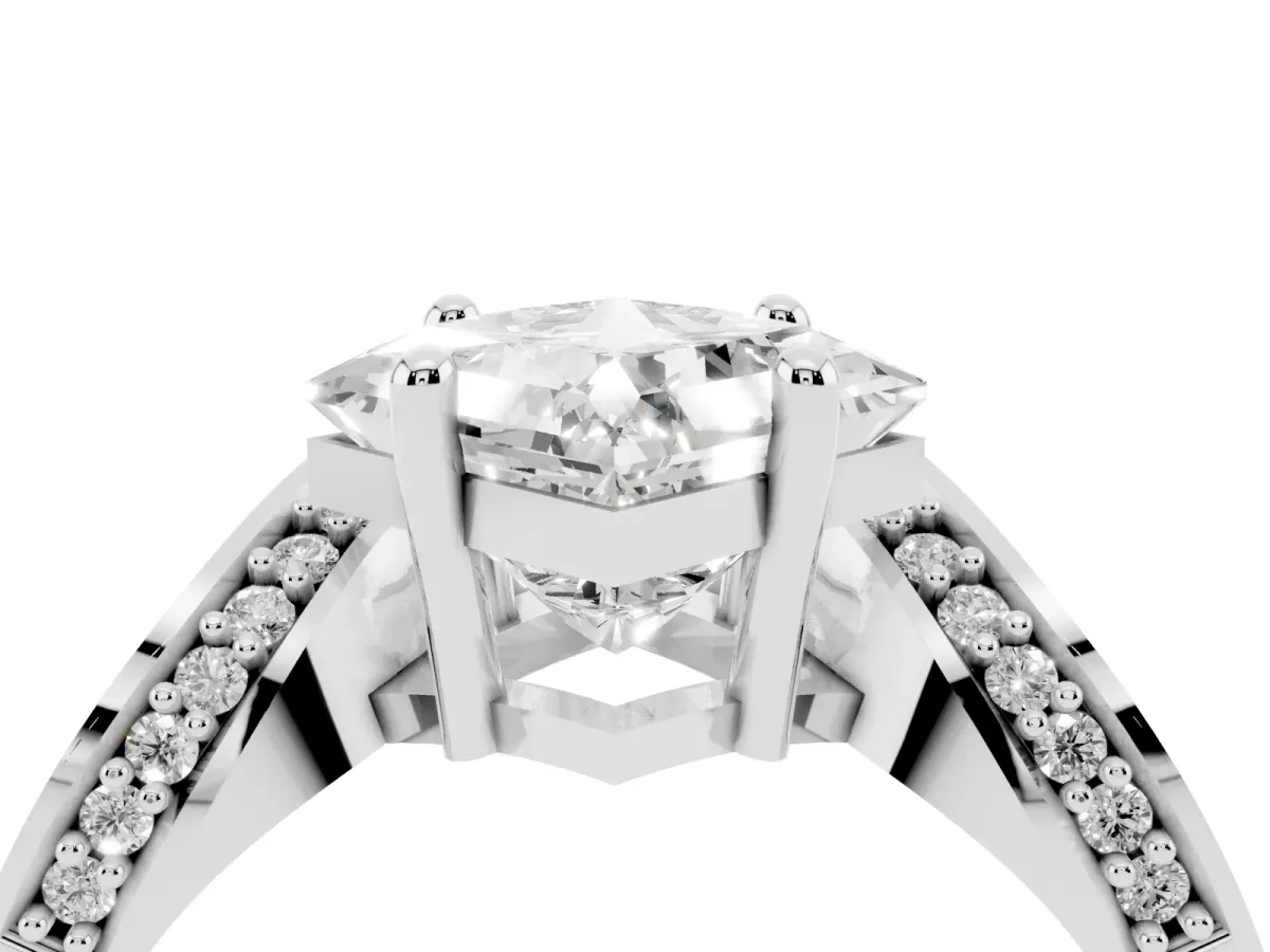 Princess Cut Solitaire Diamond Engagement Ring with Pave Band and Four-Prong Setting Silver