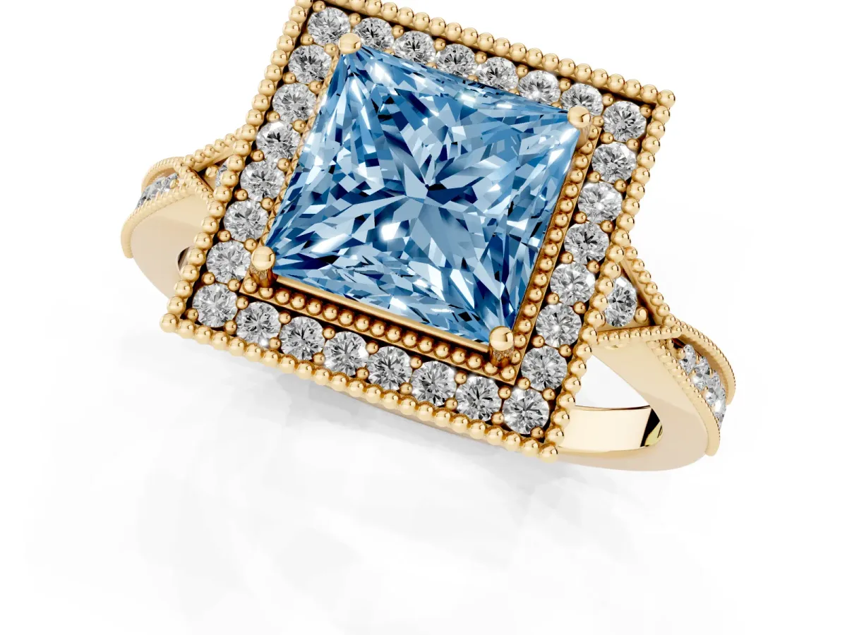 Fancy Blue Princess Cut Halo Round Diamond Milgrain Pave Engagement Ring Yellow gold
