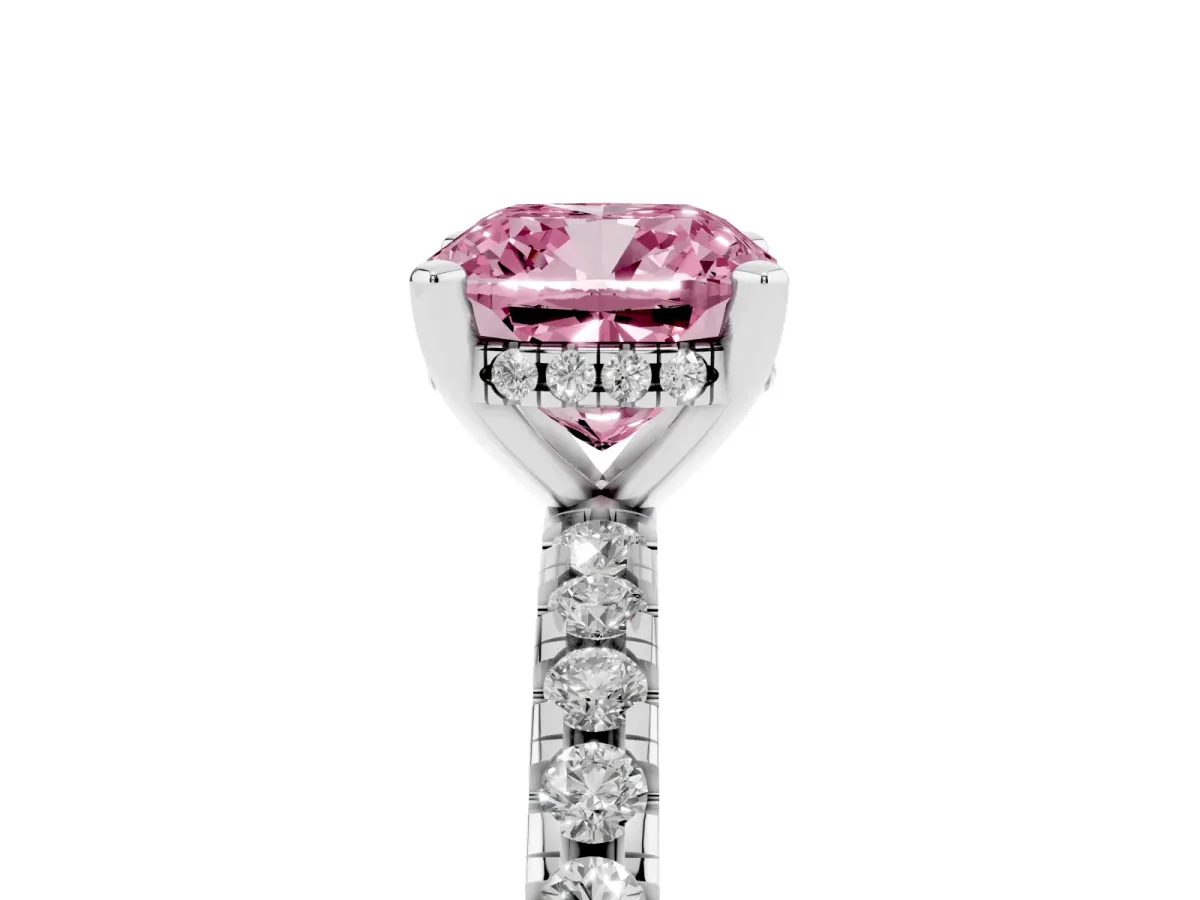 Fancy Pink Cushion Cut Diamond Solitaire Ring with Round Pavé Band and Four-Prong Setting Platinum