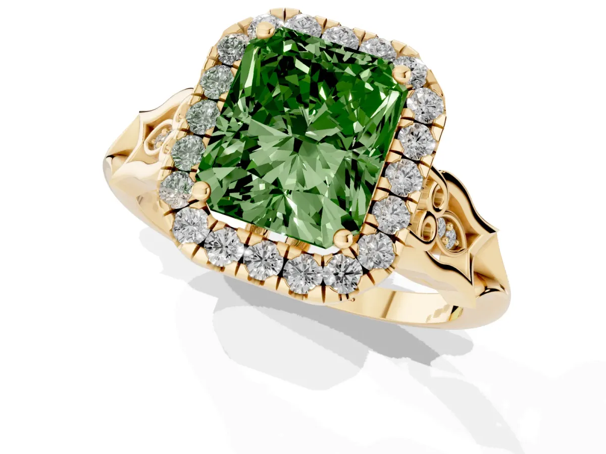 Fancy Green Radiant Cut Halo Diamond Engagement Ring with Filigree Band and Four-Prong Setting Yellow gold