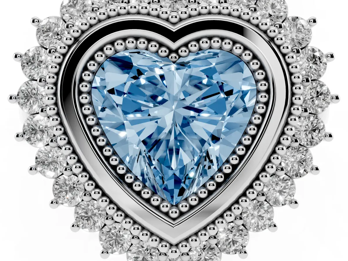 Fancy Blue Heart Cut Halo Diamond Ring with Milgrain Edge and Round Prong Setting Silver
