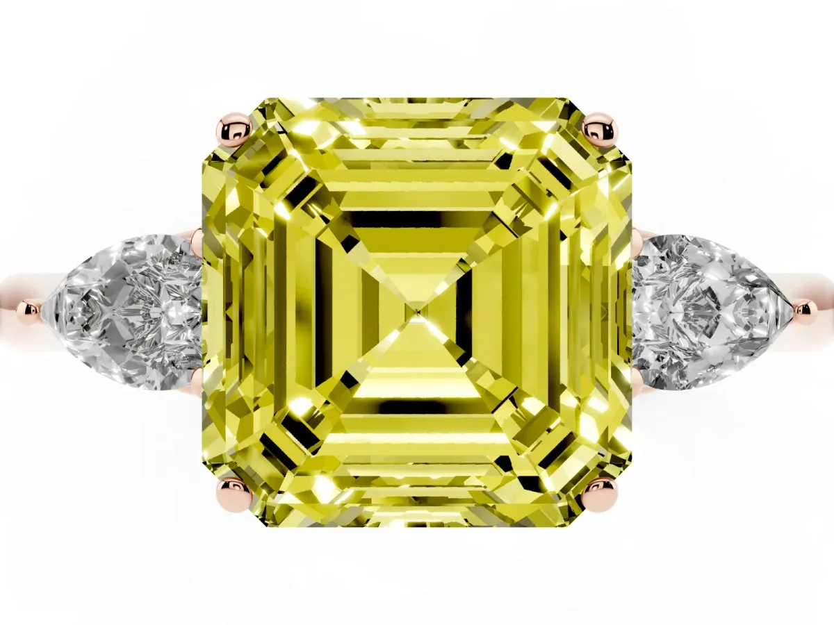 Fancy Yellow Asscher Cut Diamond Three-Stone Ring with Pear Side Stones and Prong Setting Rose gold