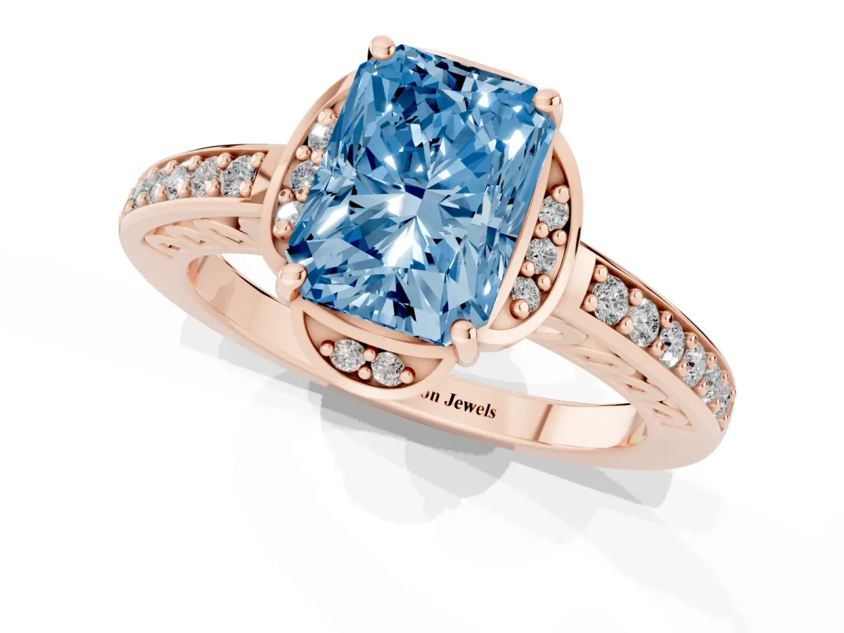 Fancy Blue Radiant Cut Cut Halo Diamond Ring with Channel Set Band and Four-Prong Setting Rose gold