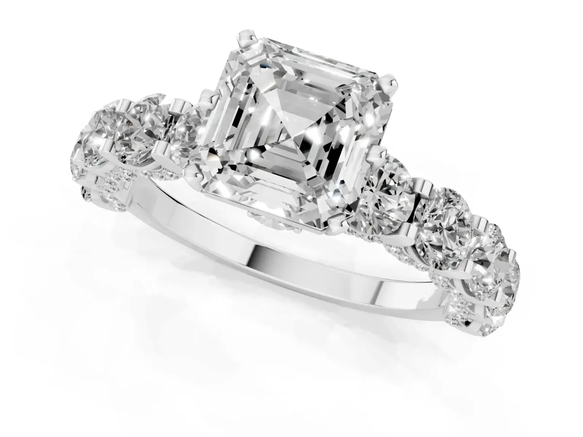 Asscher Cut Diamond Side Stone Engagement Ring with Four-Prong Setting White gold