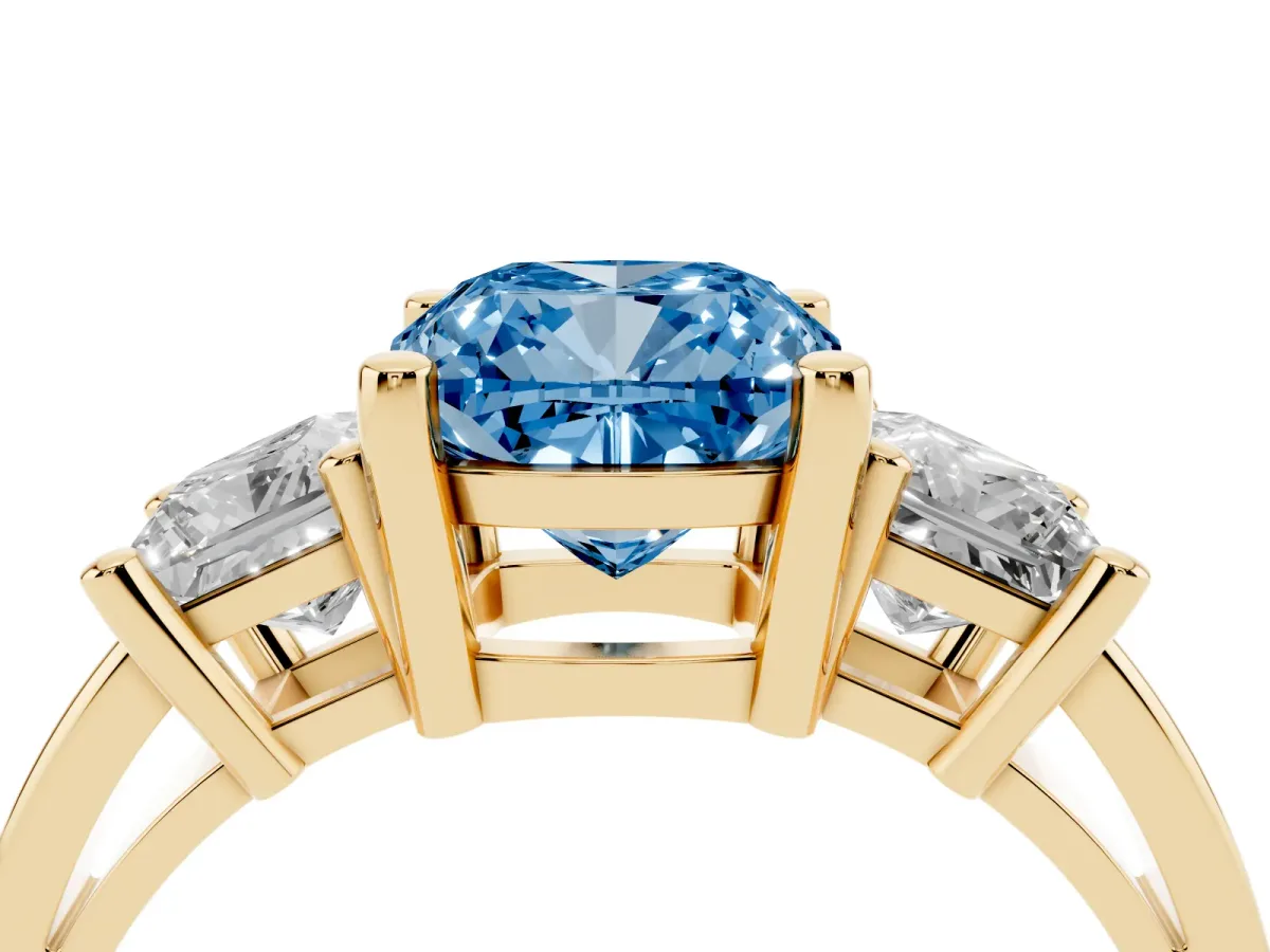 Fancy Blue Three-Stone Cushion Cut Cut Solitaire Ring with Prong Setting Yellow gold