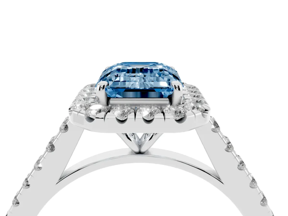 Fancy Blue Emerald Cut Halo Pave Diamond Engagement Ring with Four-Prong Setting Platinum